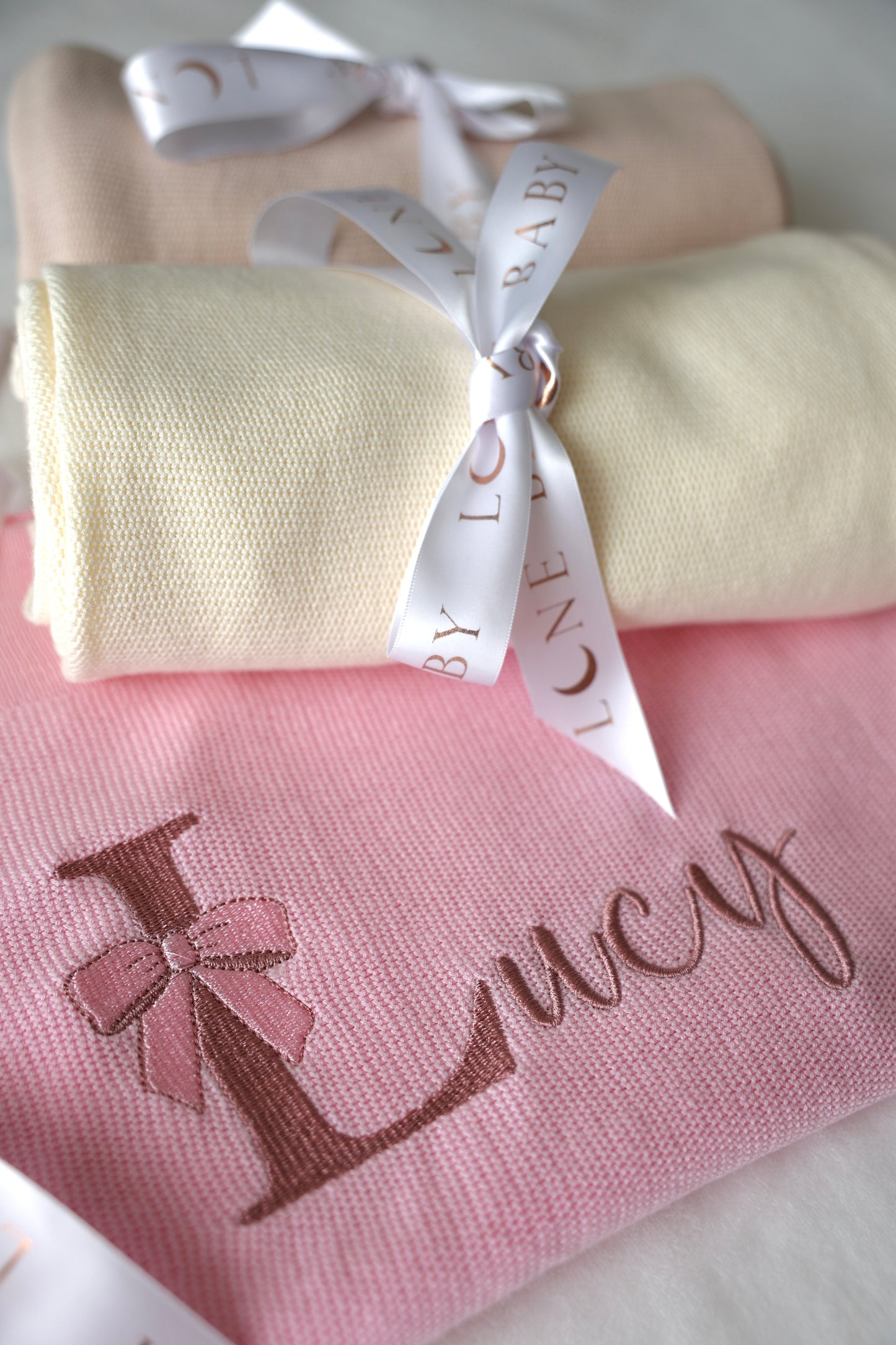 Personalised Knitted Cotton Baby Blanket – Bow Edition