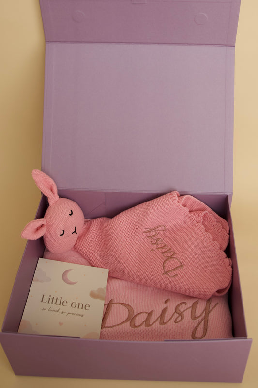 Personalised Knitted Baby Blanket & Bunny Comforter Gift Box