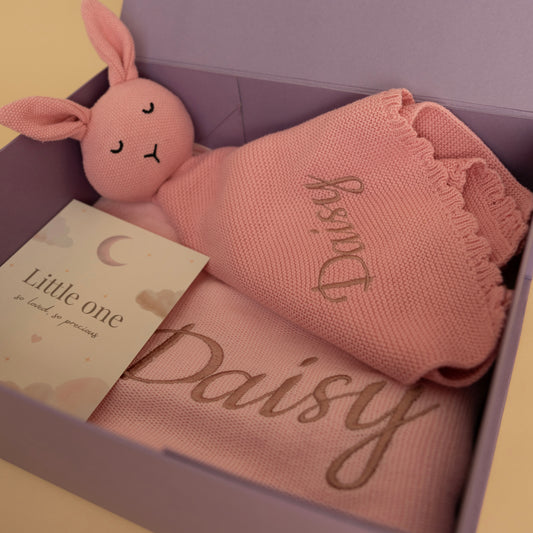 Personalised Knitted Baby Blanket & Bunny Comforter Gift Box