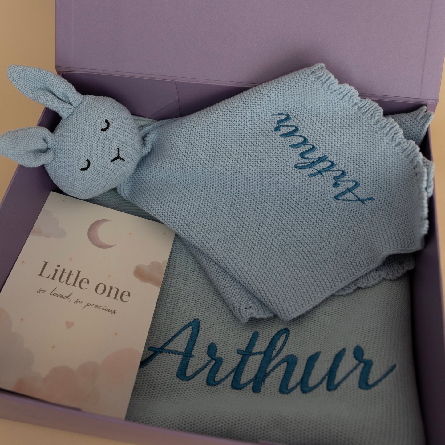 Personalised Knitted Baby Blanket & Bunny Comforter Gift Box