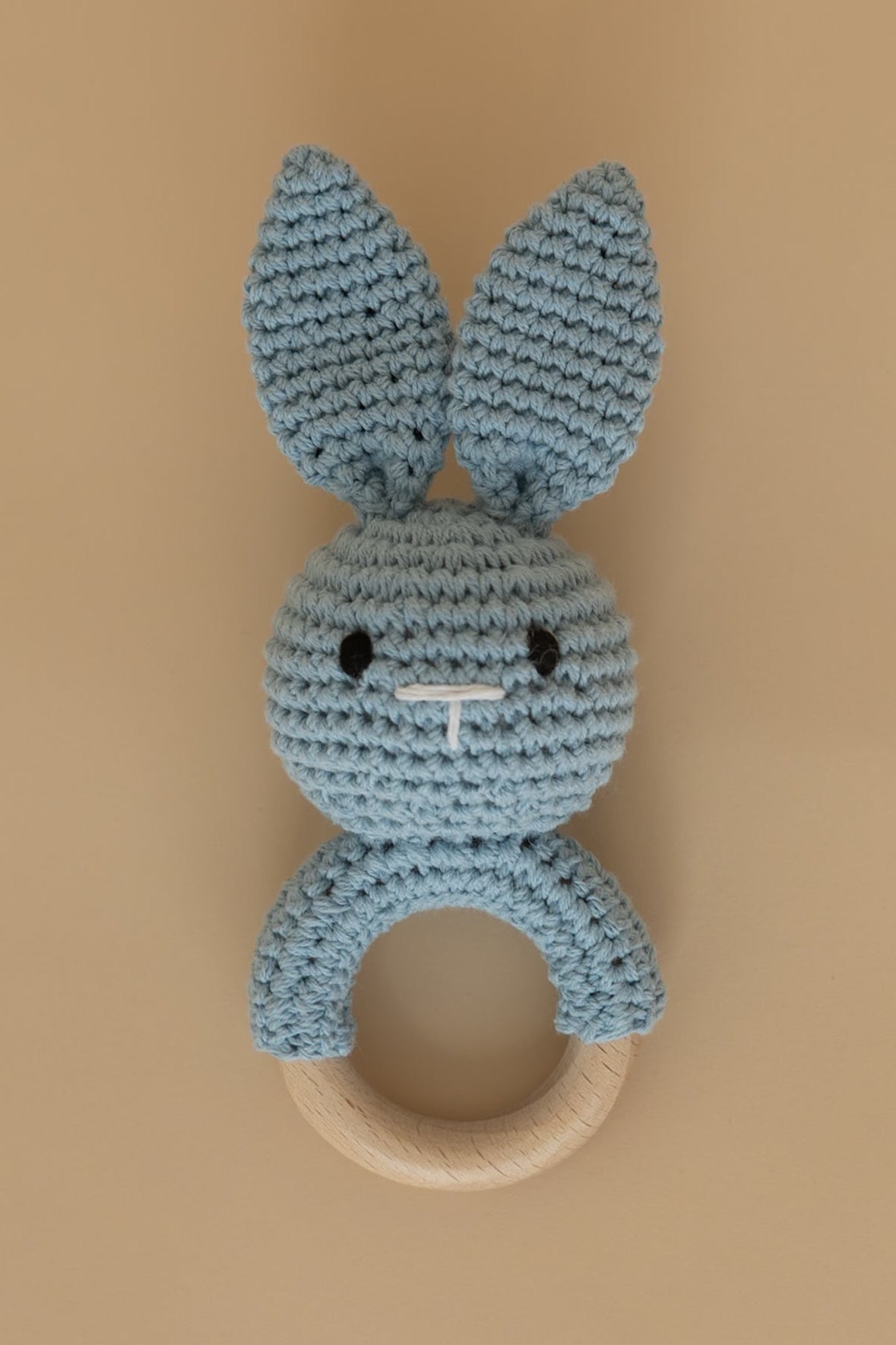 Personalised crochet bunny teether in blue with natural beechwood ring