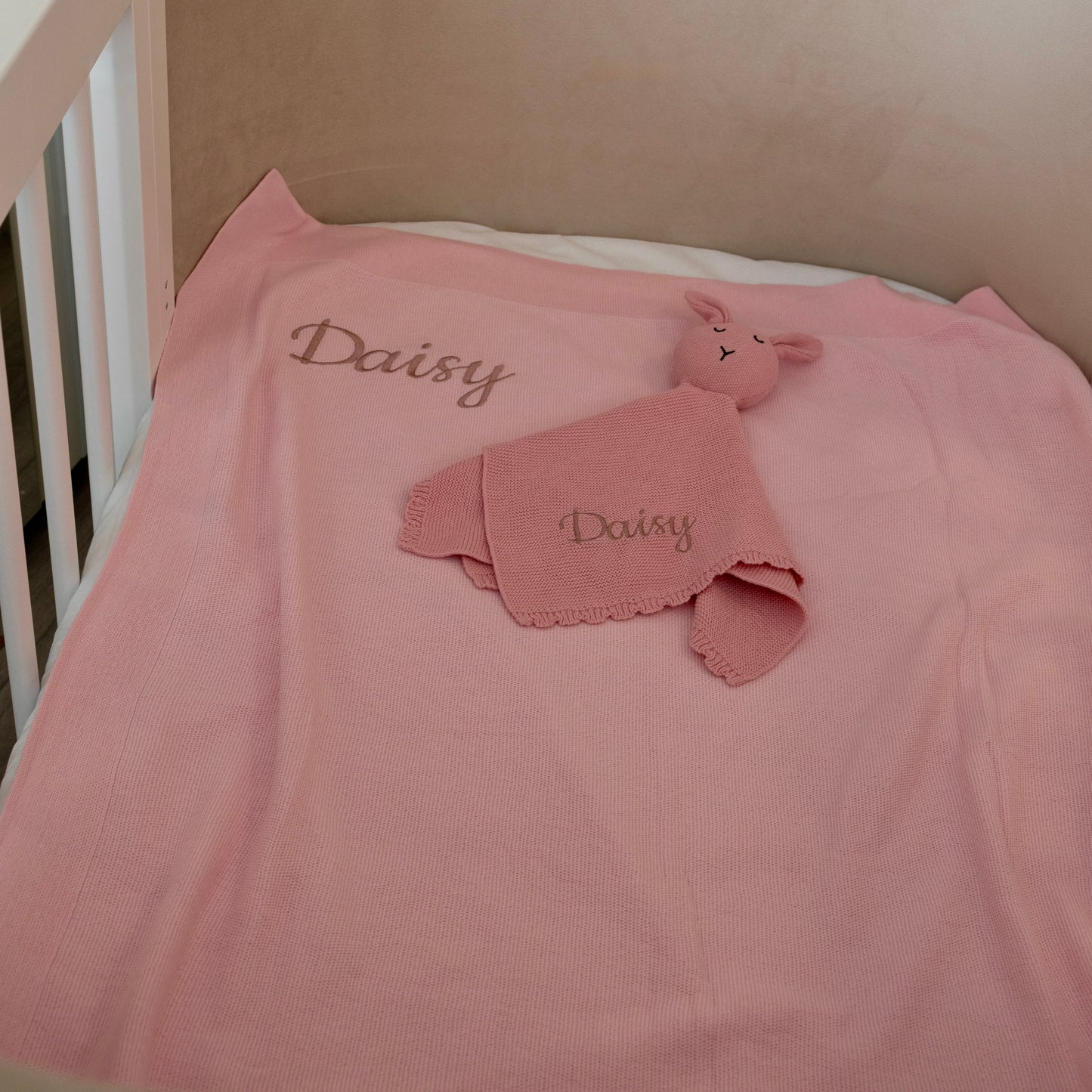 Personalised Knitted Baby Blanket & Bunny Comforter Gift Box