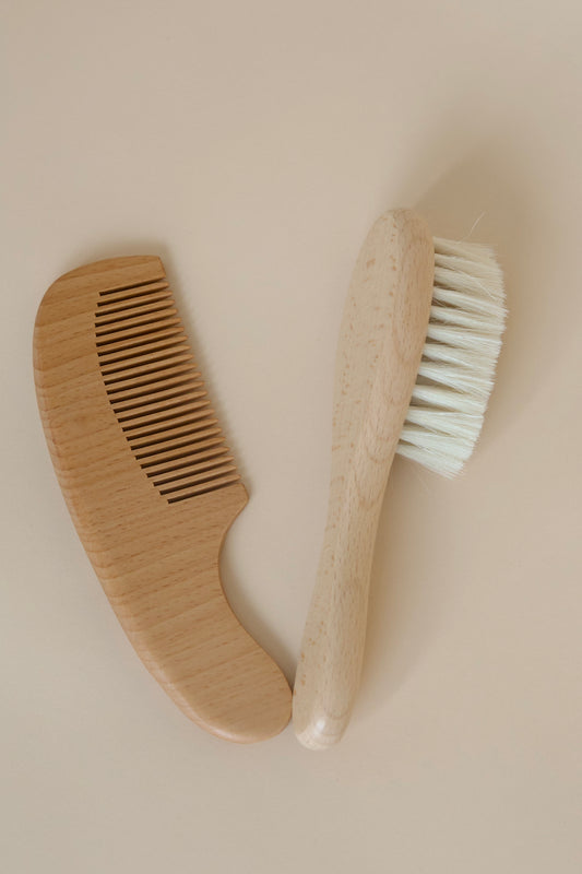Natural Beechwood Baby Hair Brush & Comb Set | Soft Goat Hair Brush