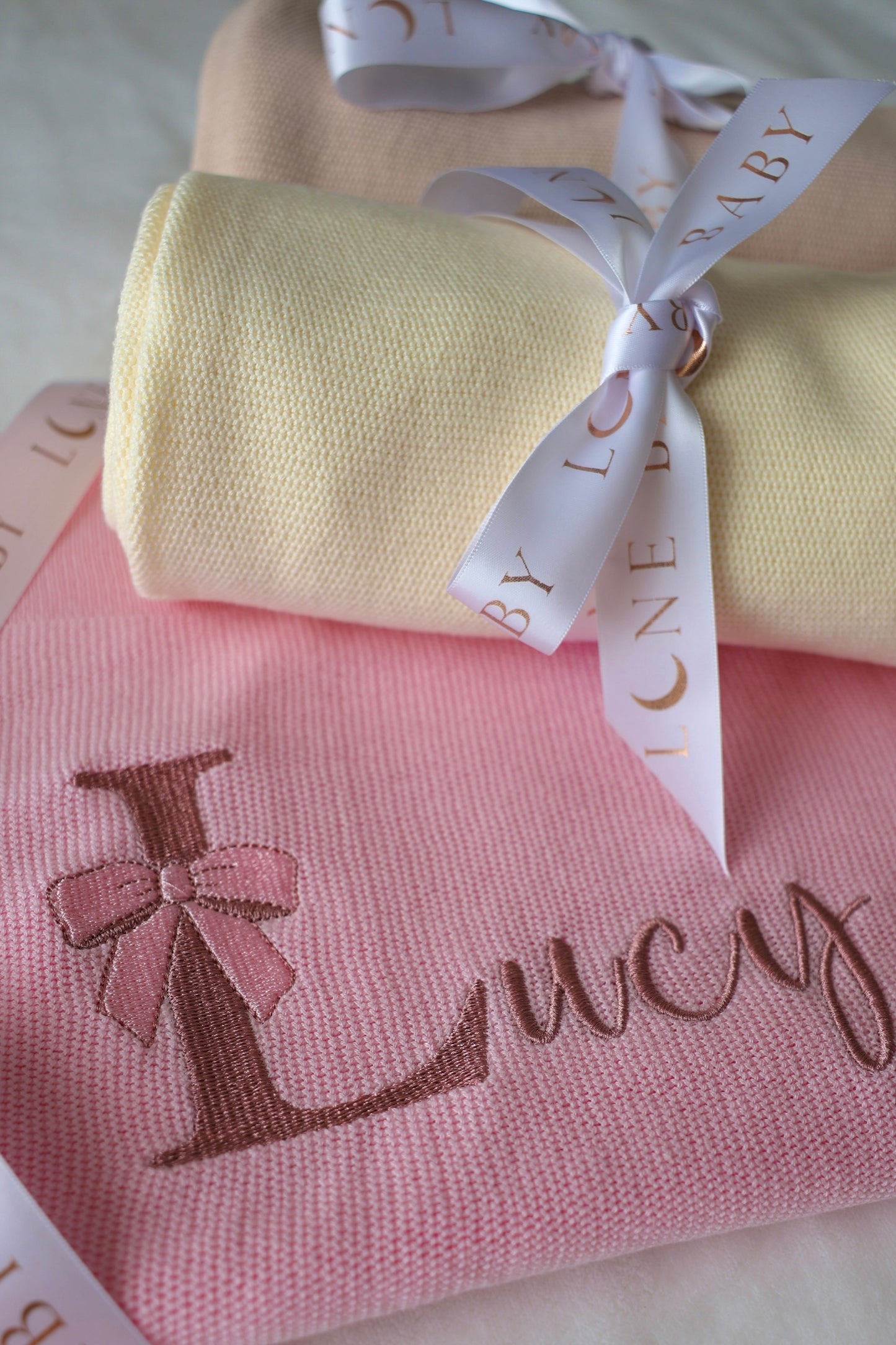Personalised Knitted Cotton Baby Blanket – Bow Edition