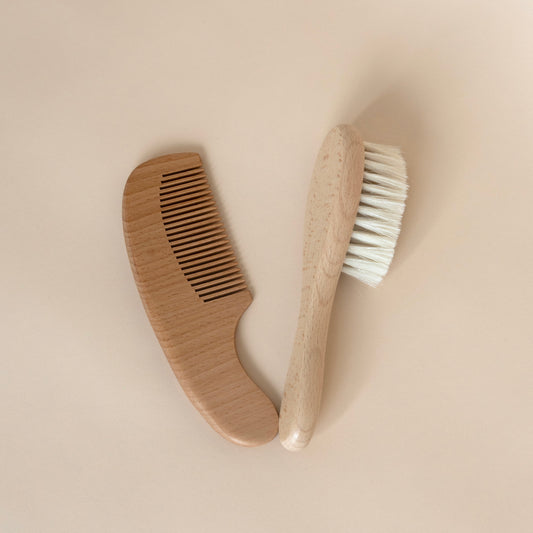 Natural Beechwood Baby Hair Brush & Comb Set | Soft Goat Hair Brush