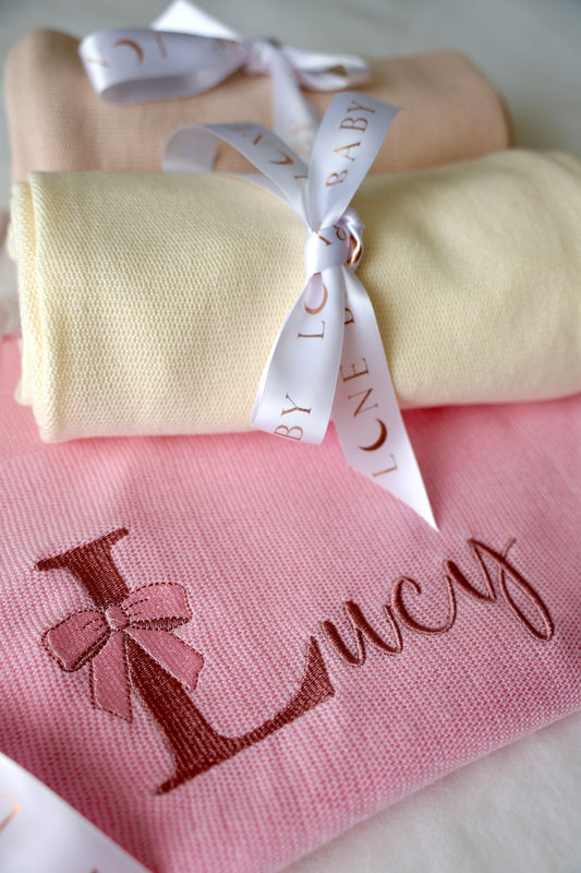 Personalised Knitted Cotton Baby Blanket – Bow Edition