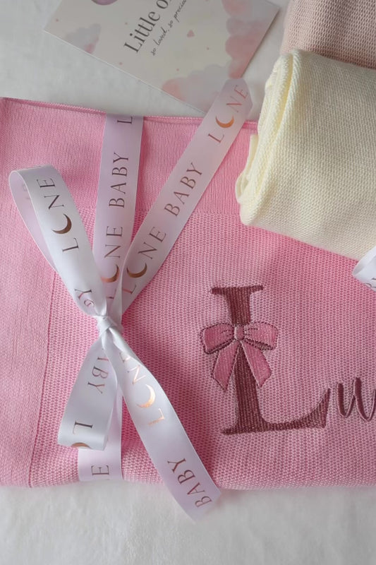 Personalised Knitted Cotton Baby Blanket – Bow Edition